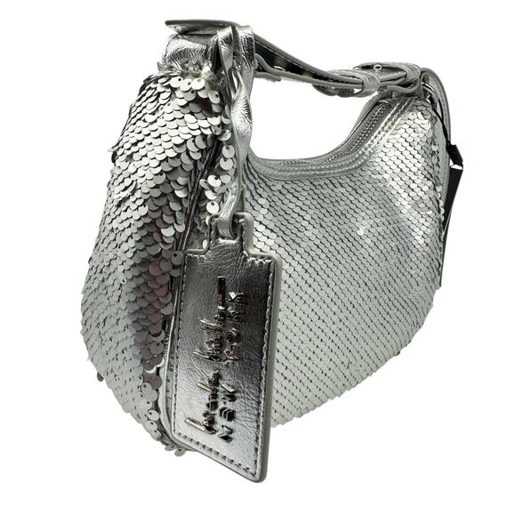 Nicole Miller Silver Sequin Shiny Strap Shoulder Bag Purse Logo Formal Dressy - Picture 3 of 8